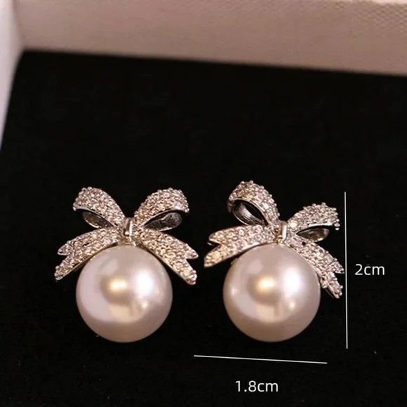Silver Pearl Rhinestone Bow Decor Stud Earrings For Women Jewelry Gift Wedding - Picture 3 of 3